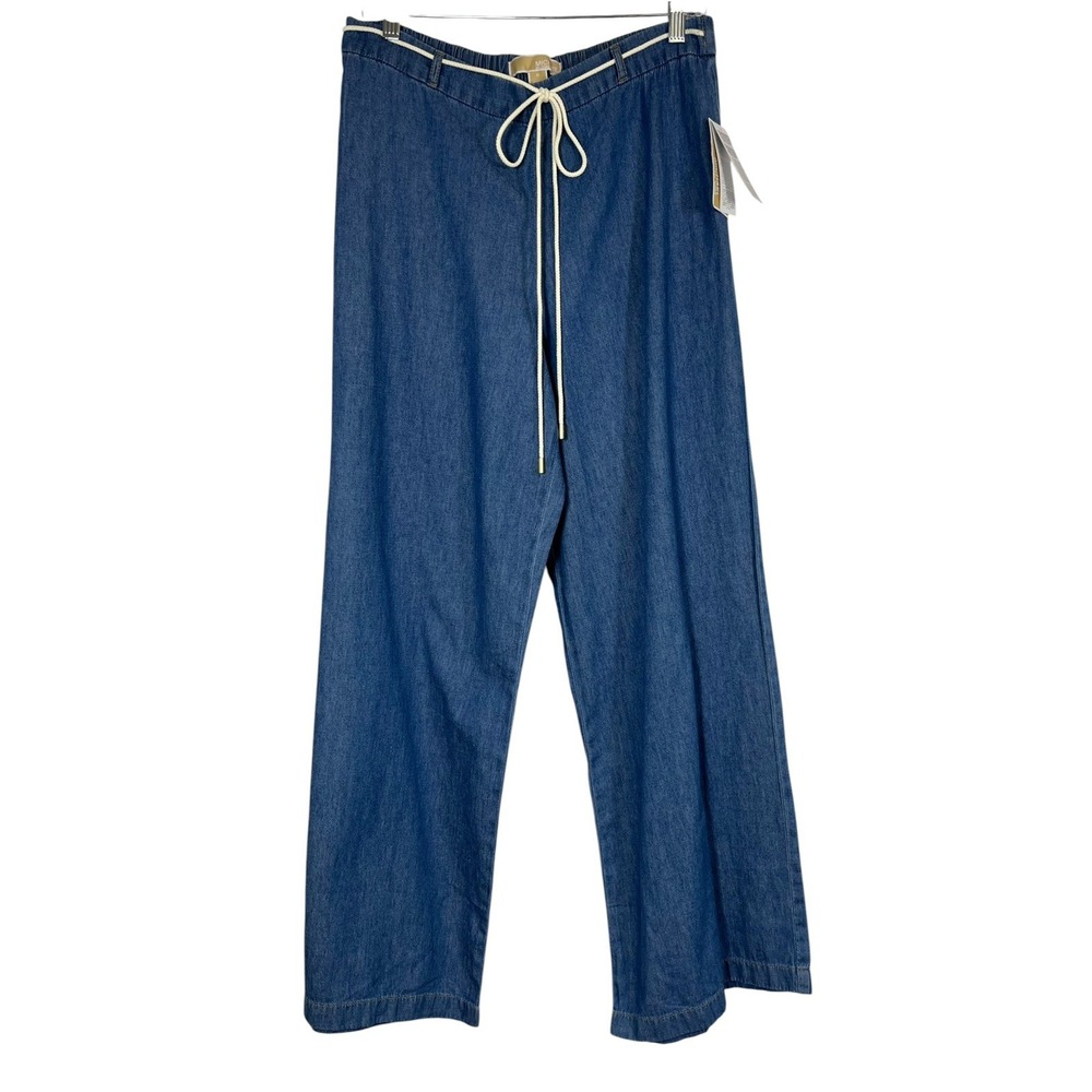 $125 NWT Michael Kors Sz M Pants Chambray Med Blue Wide Leg Pull On Rope Tie New